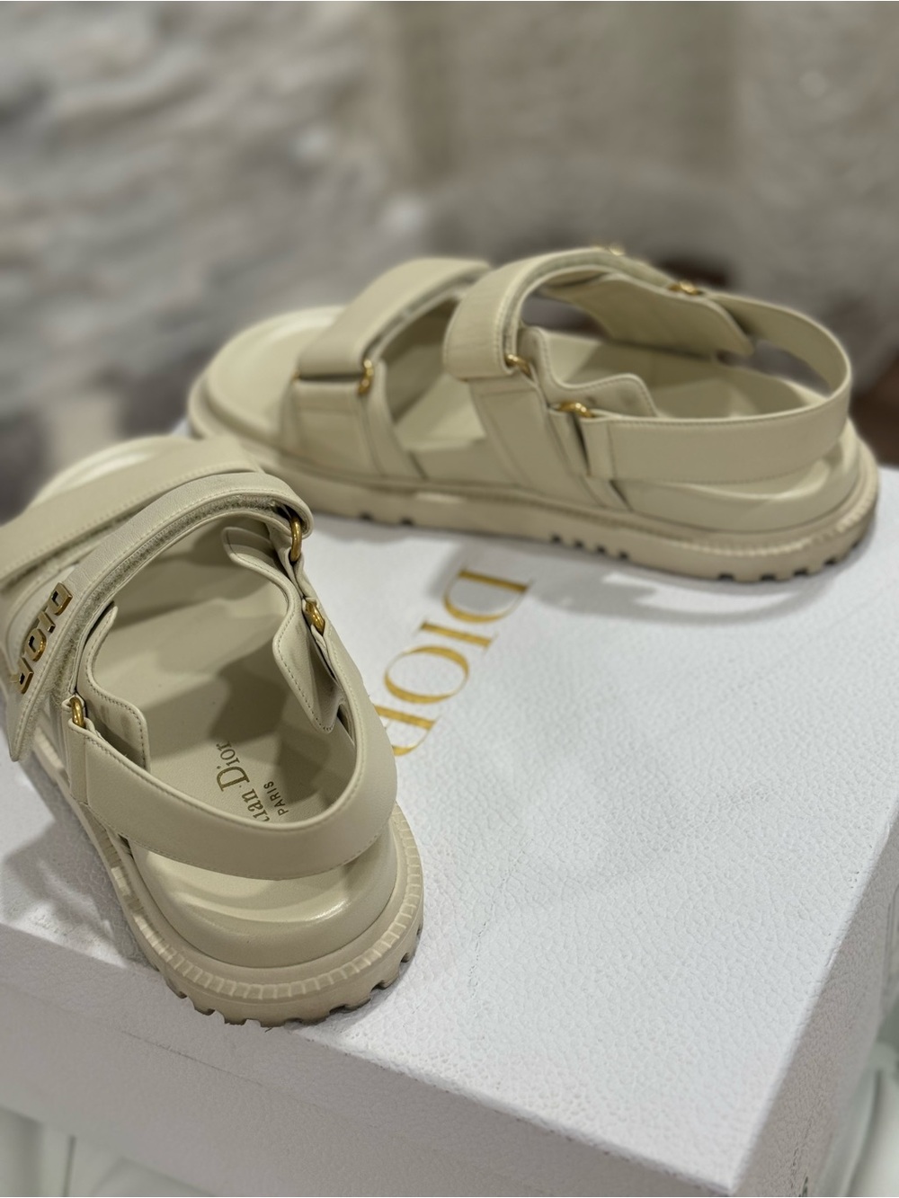 Dior Cream Leather Strap Platform Sandals with Gold Hardware - Picture 5 of 7
